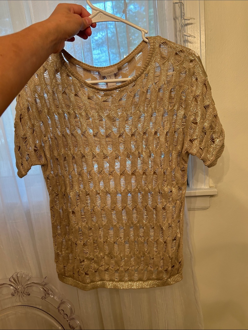 Chico's Open-Knit Short Sleeve Top in Tan